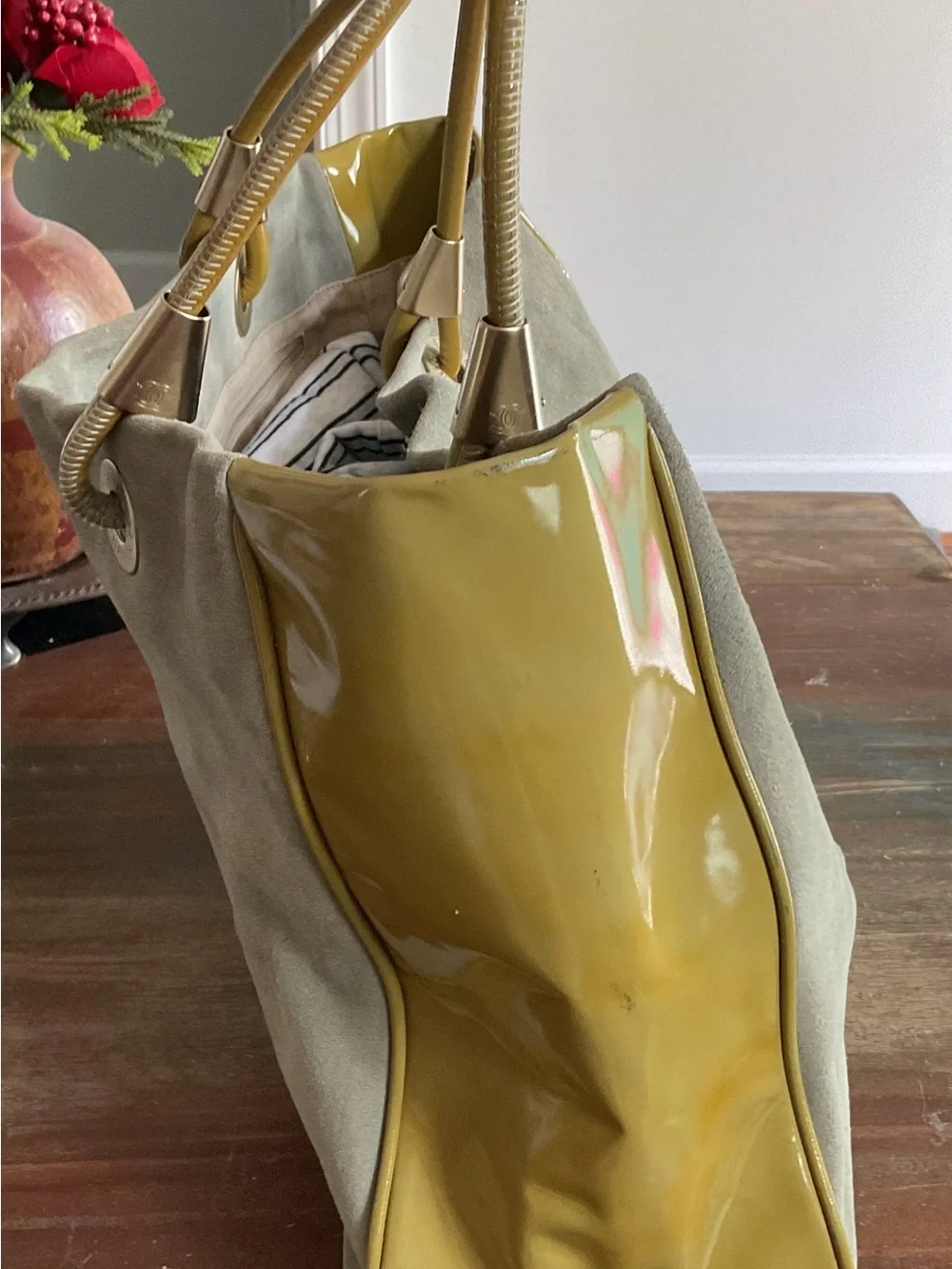 CHANEL Beige Suede Tote with Mustard Patent Trim and Camellia